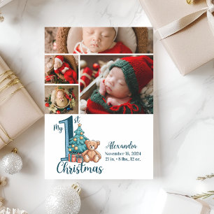 4 Foto Blauwe Teddy Baby 1e Kerstmis Feestdagenkaart