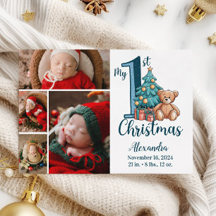 4 Foto Blauwe Teddy Baby 1e Kerstmis Feestdagenkaart