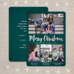 4 Foto Blauwgroen Groen Vrolijk Kerstfeest Modern  Folie Feestdagenkaart<br><div class="desc">Verstuur stijlvolle vrolijke groeten en deel uw favoriete afbeeldingen met een aangepaste vier fotocollage blauwgroen en de gouden folie van het roos. Alle tekst op deze sjabloon is eenvoudig aan te passen om alle formuleringen op te nemen, zoals vrolijk kerstfeest, Prettige feestdagen, seizoensgroeten, nieuwjaarschaafjes, enz. (AFBEELDING PLACEMENT TIP: een gemakkelijke...</div>