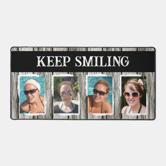 4 foto blijf lachen grijs zwart bureaumat (Voorkant)