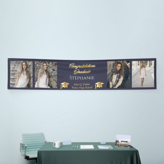4 Foto Blue Gold Congrates Afstuderen Name School Spandoek (Beurs)