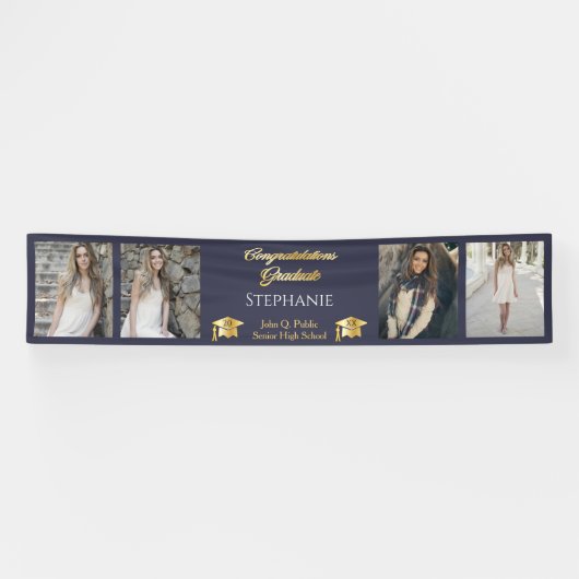 4 Foto Blue Gold Congrates Afstuderen Name School Spandoek (Horizontaal)