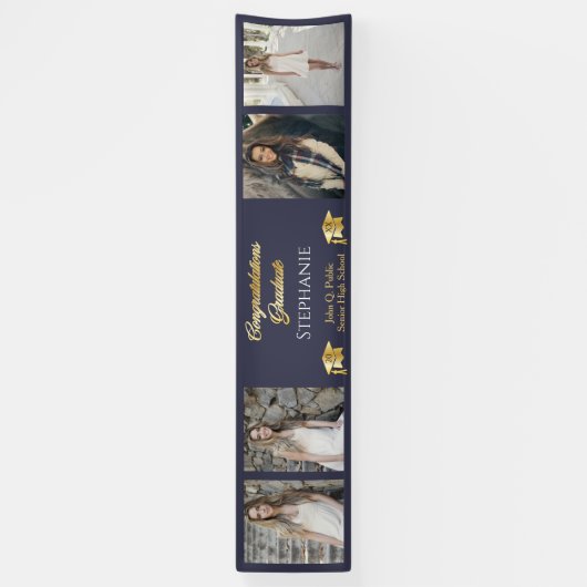 4 Foto Blue Gold Congrates Afstuderen Name School Spandoek (Verticaal)