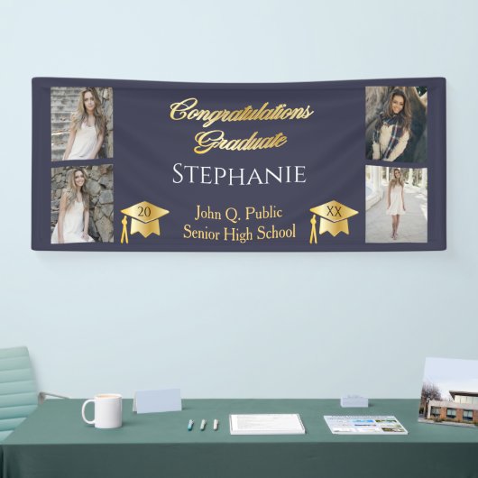 4 Foto Blue Gold Congrates Afstuderen Name School Spandoek (Beurs)