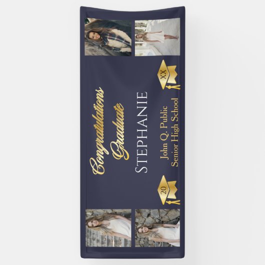 4 Foto Blue Gold Congrates Afstuderen Name School Spandoek (Verticaal)