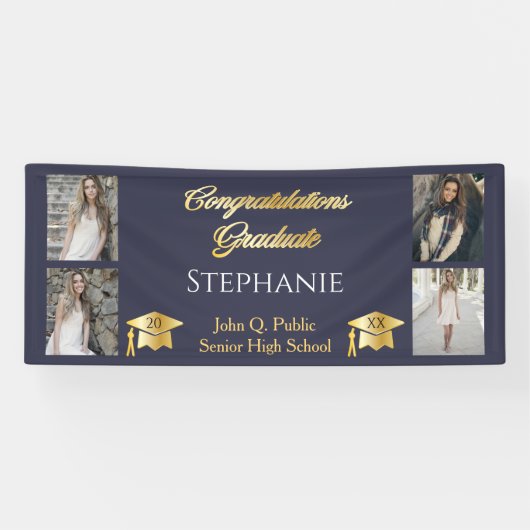 4 Foto Blue Gold Congrates Afstuderen Name School Spandoek (Horizontaal)