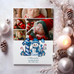 4 Foto Blue Snowman Eerste Kerstmis Feestdagenkaart<br><div class="desc">Vier het eerste vakantieseizoen van je kleintje met dit vrolijke winterontwerp met een blauw plaid nummer,  een schattige sneeuwpop en verspreide snoepstokken en geschenken. Pas het aan met de foto- en geboortegegevens van je baby om een aandenken te creëer dat charme en magie in je vakantieherinneringen brengt.</div>