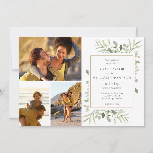 4 Foto botanische groen-lederen bruiloft Kaart (Voorkant)
