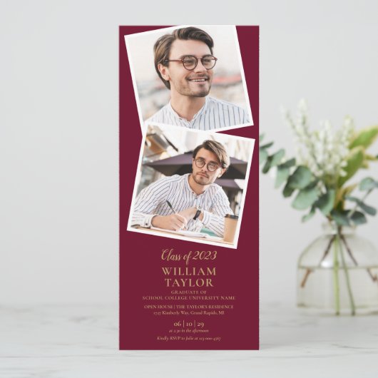 4 Foto Burgundy En Gouden Afstudeerfeest Kaart (Staand voorkant)