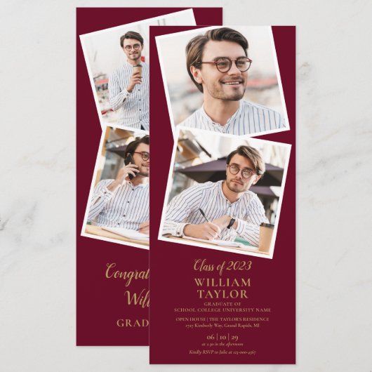4 Foto Burgundy En Gouden Afstudeerfeest Kaart (Voorkant / Achterkant)
