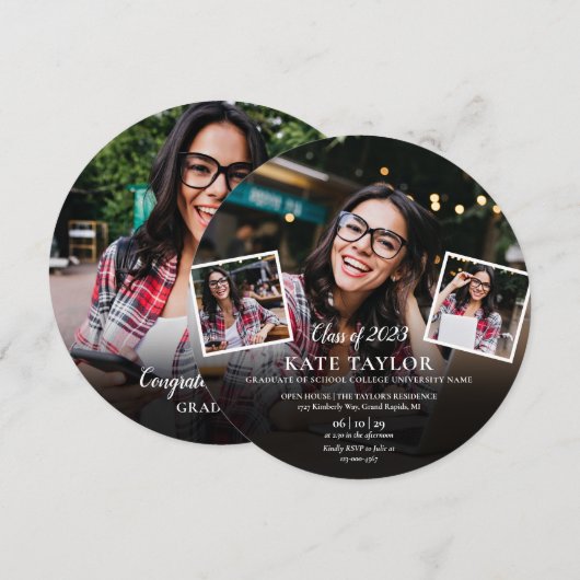 4 Foto Collage Afstudeerfeest Cirkelvormig Kaart (Voorkant / Achterkant)