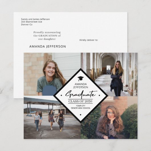 4 foto collage afstuderen modern elegant script a aankondigingskaart (Voorkant / Achterkant)
