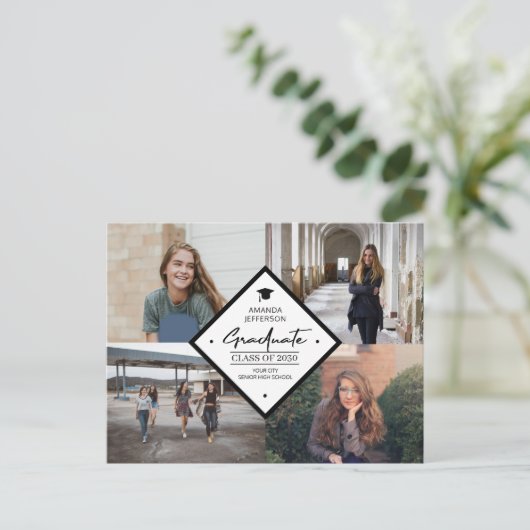 4 foto collage afstuderen modern elegant script a aankondigingskaart (Staand voorkant)