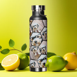 4 foto collage bijenkorfpatroon over het hele oppe waterfles