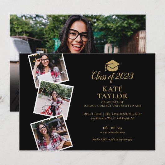 4 Foto Collage Black and Gold Graduparty in Kaart (Voorkant / Achterkant)