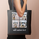 4 Foto Collage Black Grid en wit modern script Tote Bag<br><div class="desc">Gebruik vier vierkante foto's om een uniek en persoonlijk cadeau te creëer. Voor beste resultaten,  bewaar uw foto's in vierkanten alvorens te uploaden. Of je kunt de hipster puppy houden en een trendy keepslag maken. Als u de afbeeldingen moet aanpassen,  klik op het aanpassingshulpmiddel om veranderingen aan te brengen.</div>