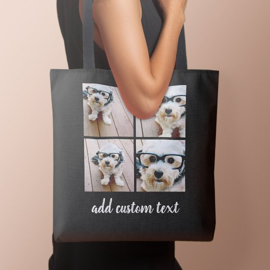 4 Foto Collage Black Grid en wit modern script Tote Bag