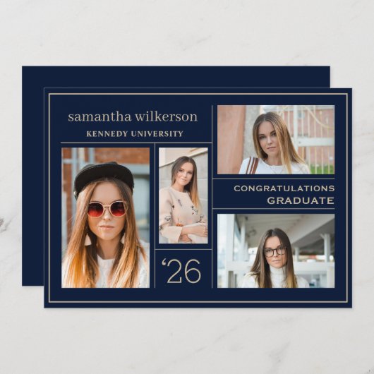 4 Foto Collage Blue & Gold Congrates Afstuderen Aankondiging (Voorkant / Achterkant)