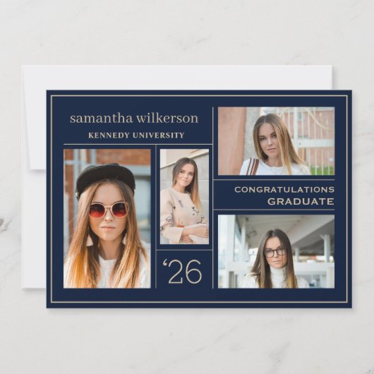 4 Foto Collage Blue & Gold Congrates Afstuderen Aankondiging (Voorkant)
