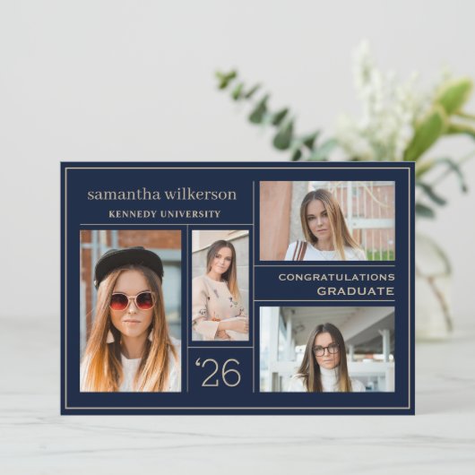 4 Foto Collage Blue & Gold Congrates Afstuderen Aankondiging (Staand voorkant)