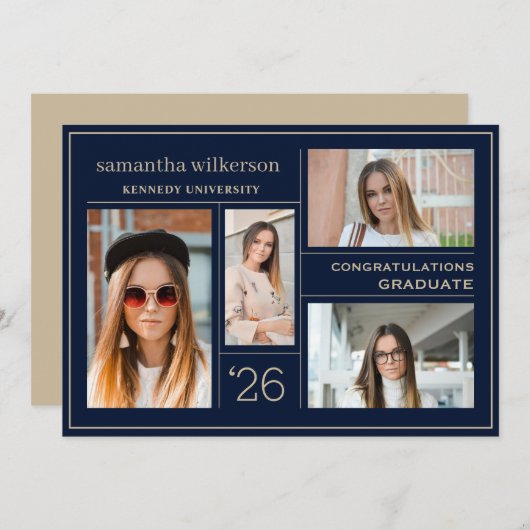 4 Foto Collage Blue & Gold Congrates Afstuderen Aankondiging (Voorkant / Achterkant)