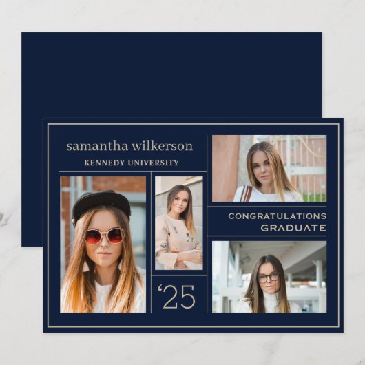 4 Foto Collage Blue & Gold Congrates Afstuderen Aankondiging (Voorkant / Achterkant)