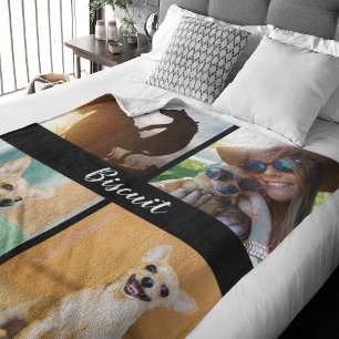 4 Foto Collage Dog Blanket met zwart Fleece Deken