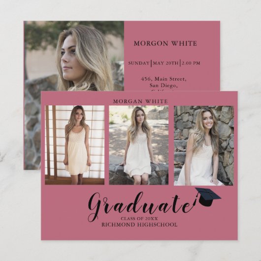 4 foto Collage Eenvoudig Modern Roze Afstuderen Aankondigingskaart (Voorkant / Achterkant)