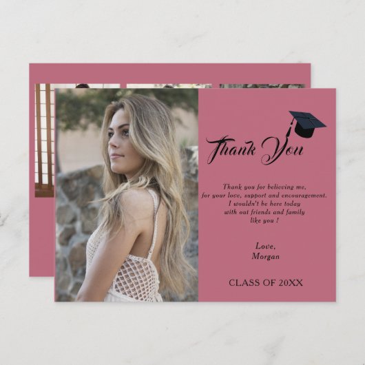 4 foto Collage Eenvoudig roze Afstuderen Dank u Aankondigingskaart (Voorkant / Achterkant)