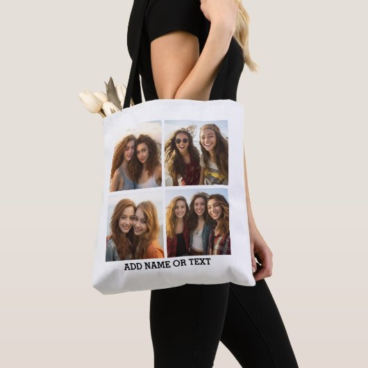 4 Foto Collage en aangepaste tekst Witte achtergro Tote Bag (Dichtbij)