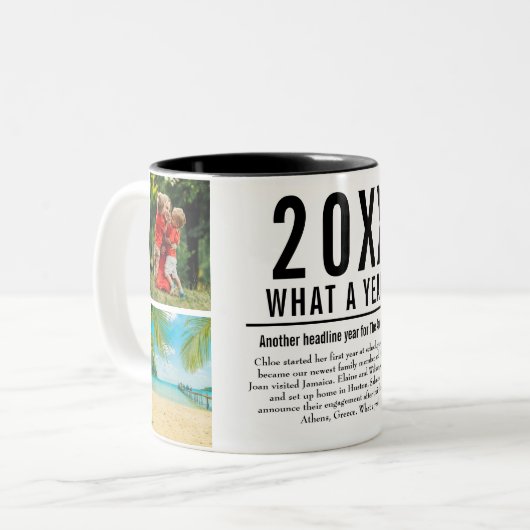 4 Foto Collage Familie Jaaroverzicht Modern Tweekleurige Koffiemok (Voorkant links)