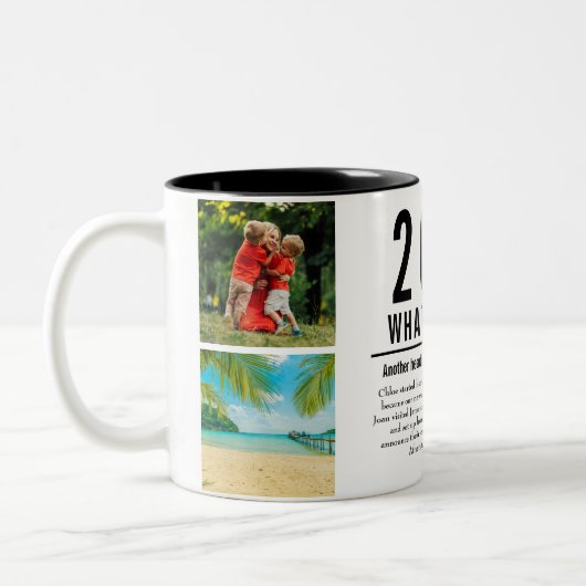 4 Foto Collage Familie Jaaroverzicht Modern Tweekleurige Koffiemok (Links)