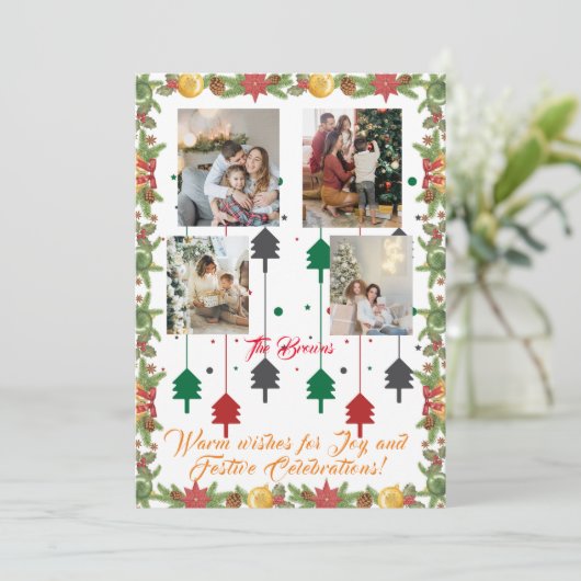 4 Foto Collage Familie Kerst Kaart Groen (Staand voorkant)