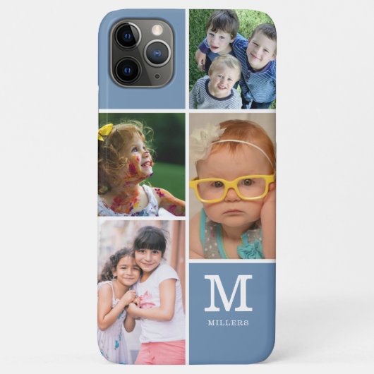 4 Foto Collage Familie Monogram Naam Slate Blue Case-Mate iPhone Case (Achterkant)