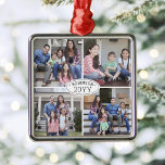 4 Foto Collage Familienaam & Jaar Eenvoudig Wit Metalen Ornament<br><div class="desc">Vier de eenvoudige geneugten van de feestdagen met een aangepaste 4 foto collage zwart-wit vierkant ornament. Alle tekst en afbeeldingen op deze sjabloon zijn eenvoudig te personaliseren. (AFBEELDING PLAATSING TIP: Een gemakkelijke manier om een foto precies te centreren hoe je wilt is om het bij te snijden voordat je naar...</div>