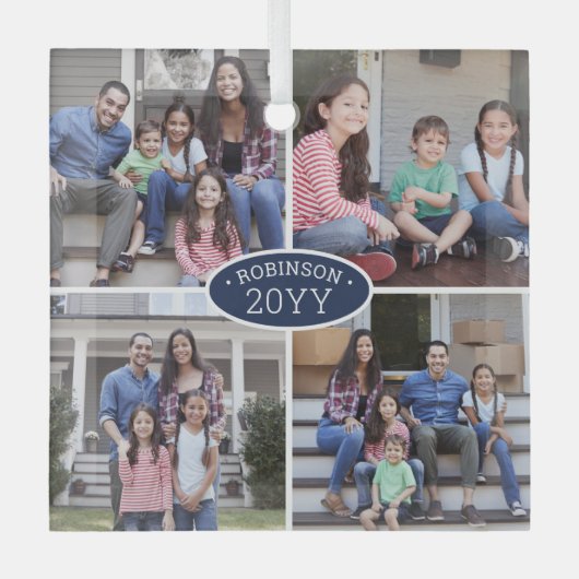 4 Foto Collage Familienaam & Jaar Navy Blue White Glas Ornament (Voorkant)