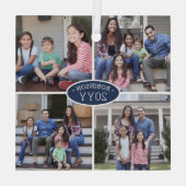 4 Foto Collage Familienaam & Jaar Navy Blue White Glas Ornament (Achterkant)