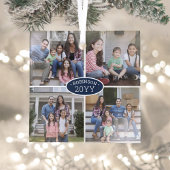 4 Foto Collage Familienaam & Jaar Navy Blue White Glas Ornament