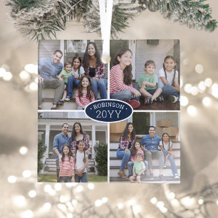 4 Foto Collage Familienaam & Jaar Navy Blue White Glas Ornament