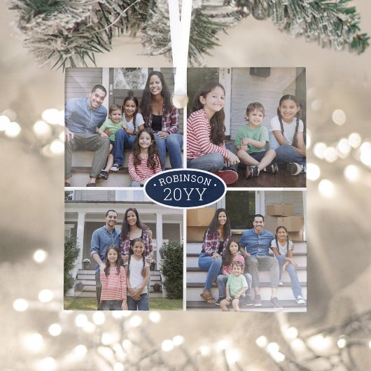 4 Foto Collage Familienaam & Jaar Navy Blue White Glas Ornament
