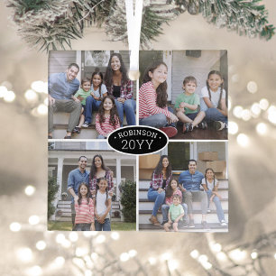 4 Foto Collage Familienaam & Jaar zwart-wit Glas Ornament