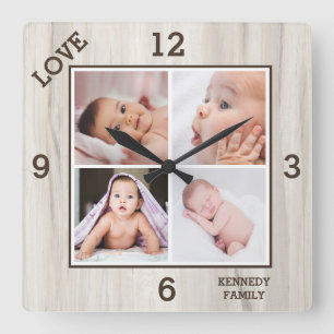 4 Foto Collage Familienaam Love Natural Wood Vierkante Klok