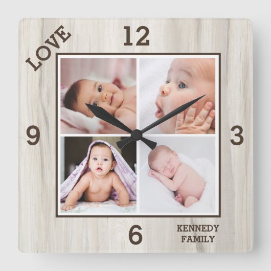 4 Foto Collage Familienaam Love Natural Wood   Vierkante Klok (Voorkant)