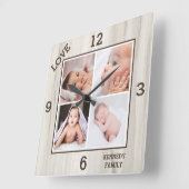 4 Foto Collage Familienaam Love Natural Wood   Vierkante Klok (Hoek)