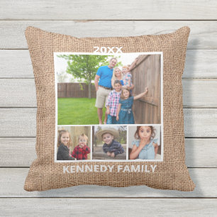  4 Foto Collage Familienaam Rustic Burlap Buitenkussen