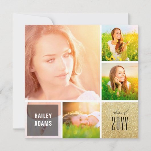 4 Foto Collage Glitter Squares Graduparty Kaart (Voorkant)