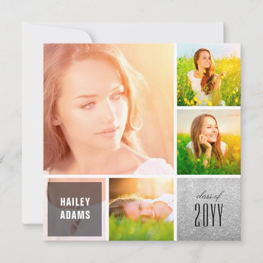 4 Foto Collage Glitter Squares Graduparty Kaart (Voorkant)