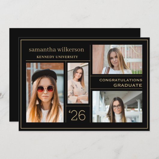 4 Foto Collage Gold & Black Congrations Afstuderen Aankondiging (Voorkant / Achterkant)