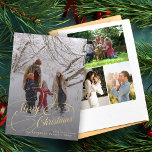 4 foto collage goud Merry Christmas script Feestdagenkaart<br><div class="desc">Elegante faux gouden script overlay 4 aangepaste multi foto familienaam en tekst gepersonaliseerde kerstvakantie kaart.</div>