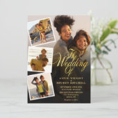 4 foto-collage gouden script QR-code bruiloft Kaart (Staand voorkant)
